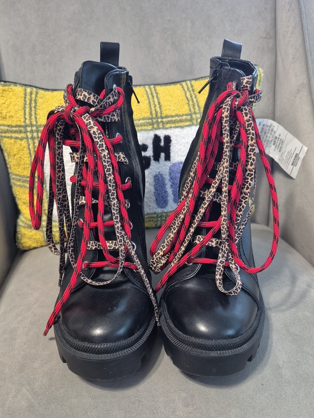 GIANNI BINI Ryedderr Chunky Black Leather Combat Boots with Dual Laces - Picture 5 of 8